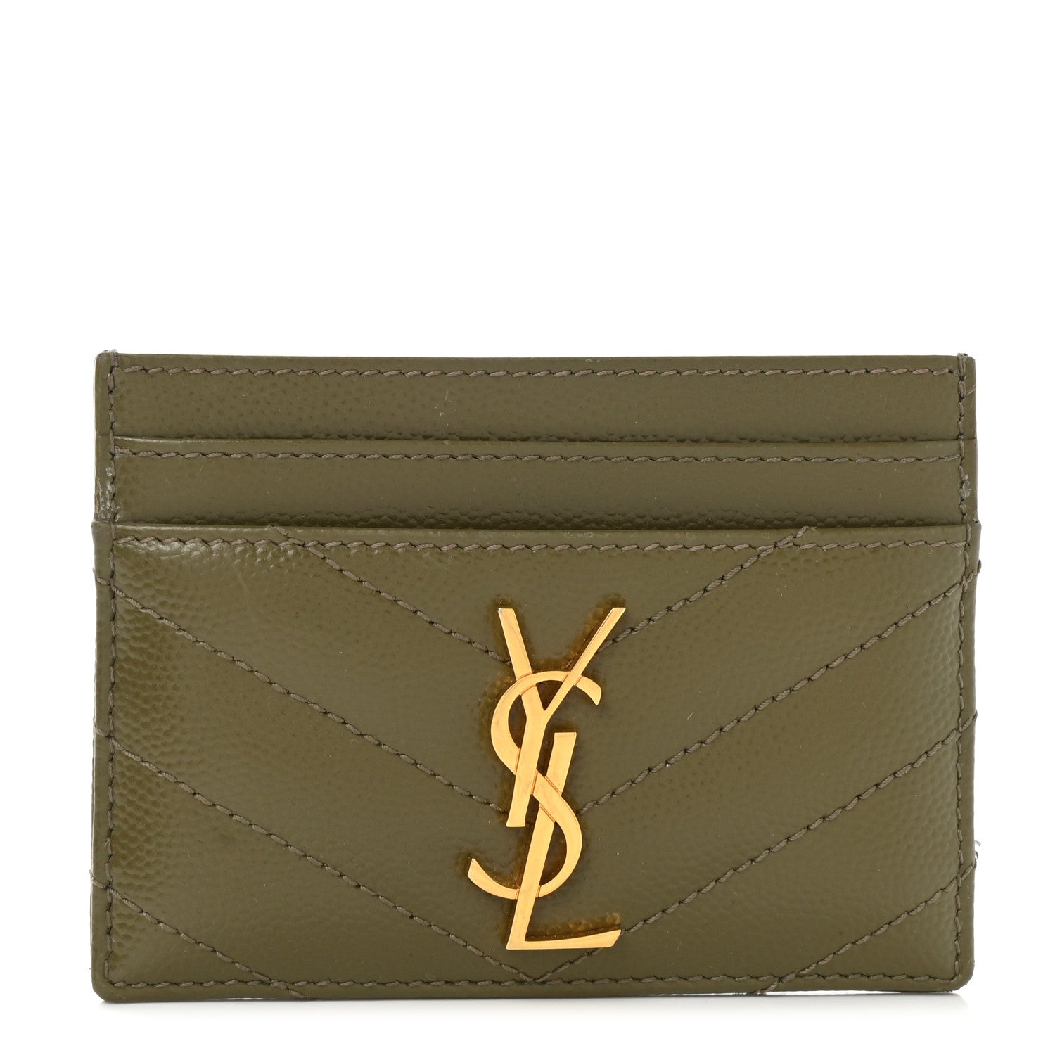 Saint Laurent Grain De Poudre Matelasse Chevron Monogram Credit Card Case Vert Kaki 1 of 7