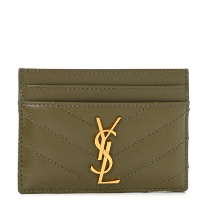 Saint Laurent Grain De Poudre Matelasse Chevron Monogram Credit Card Case Vert Kaki 1 of 7