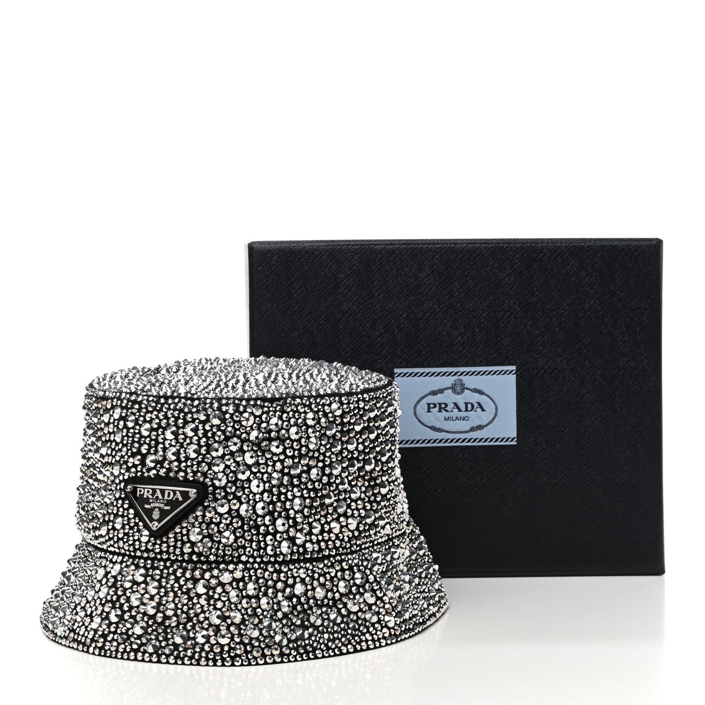 Satin Crystal Metal Triangle Logo Womens Bucket Hat M Metal