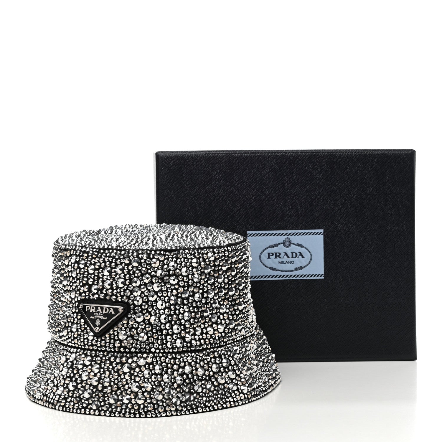 Prada Satin Crystal Metal Triangle Logo Womens Bucket Hat M Metal 9 of 9