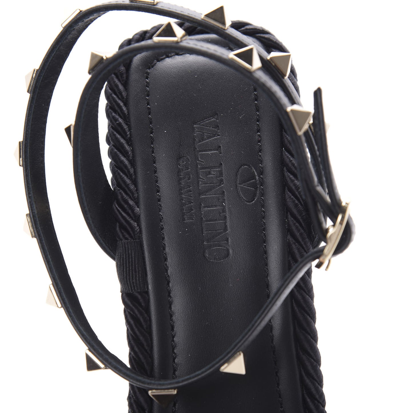 Calfskin Rockstud Ankle Strap Torchon Espadrille 25/95mm Wedge Sandals 40 Black