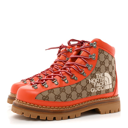 Gucci X THE NORTH FACE Monogram Textured Calfskin Mens Hiking Ankle Boots 11 Beige Ebony Deep Orange 3 of 16