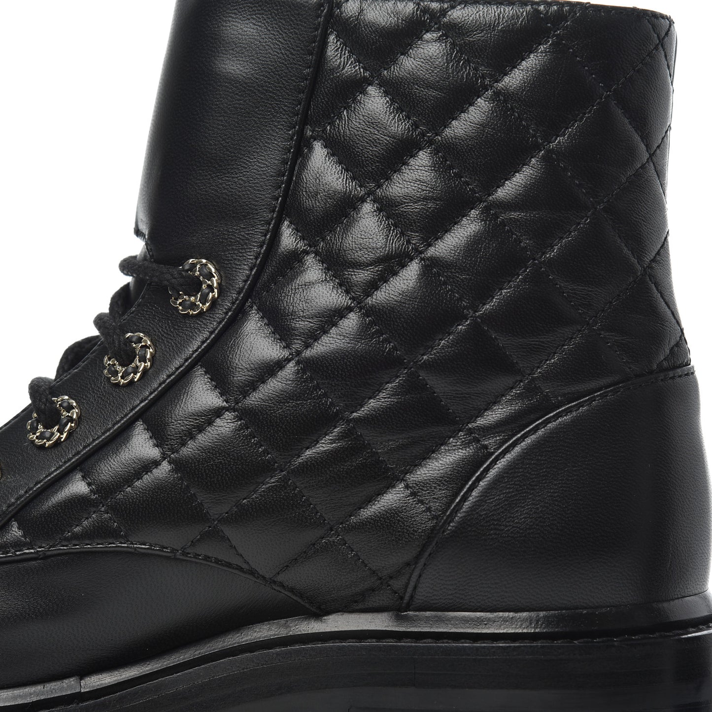 Shiny Lambskin Quilted Lace Up Combat Boots 37.5 Black
