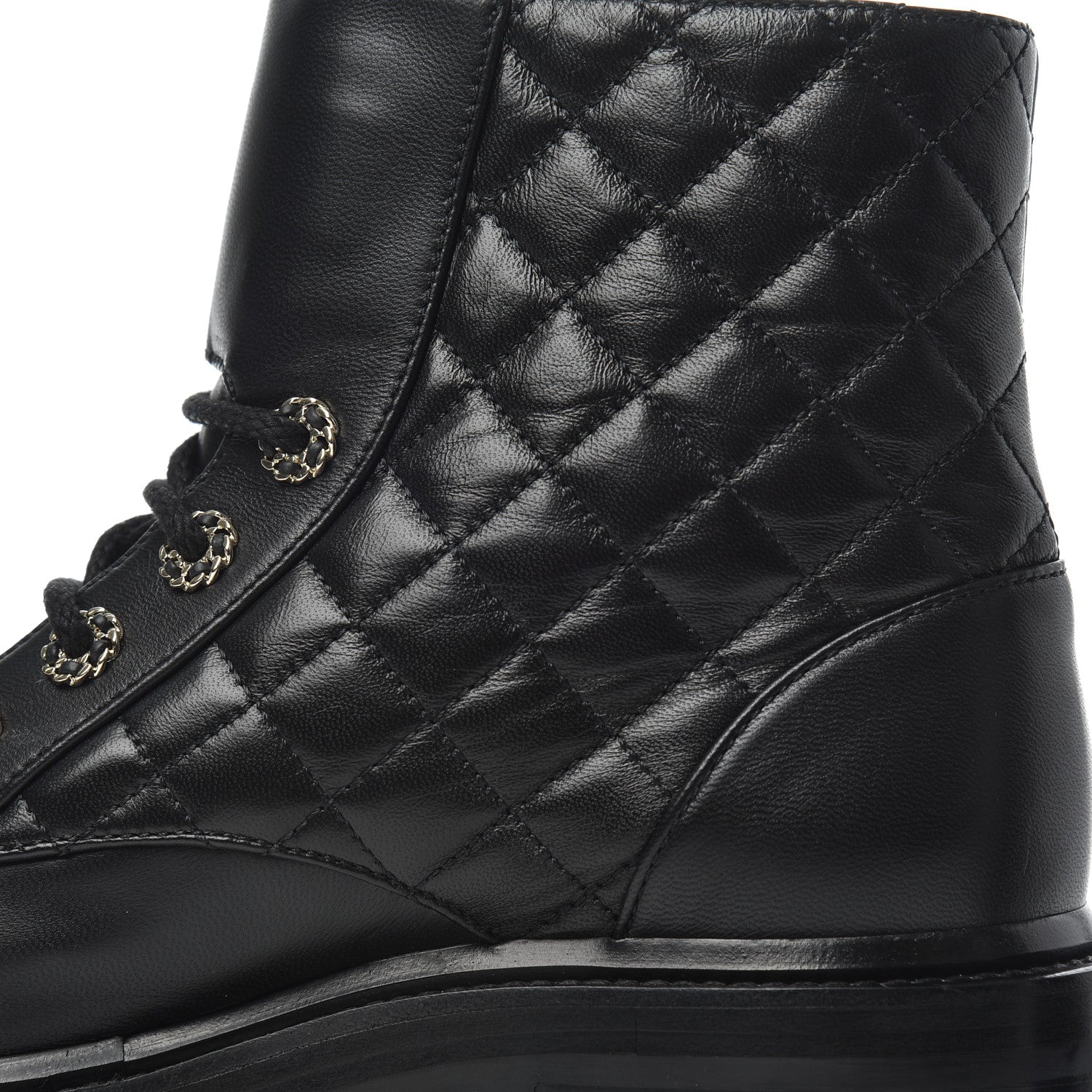 Chanel Shiny Lambskin Quilted Lace Up Combat Boots 37.5 Black 12 of 13