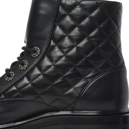 Chanel Shiny Lambskin Quilted Lace Up Combat Boots 37.5 Black 12 of 13