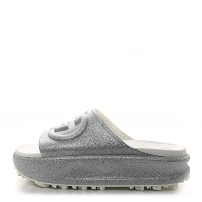 Gucci Glitter Rubber Womens Interlocking G Platform 42mm Slide Sandals 39 Silver 1 of 9