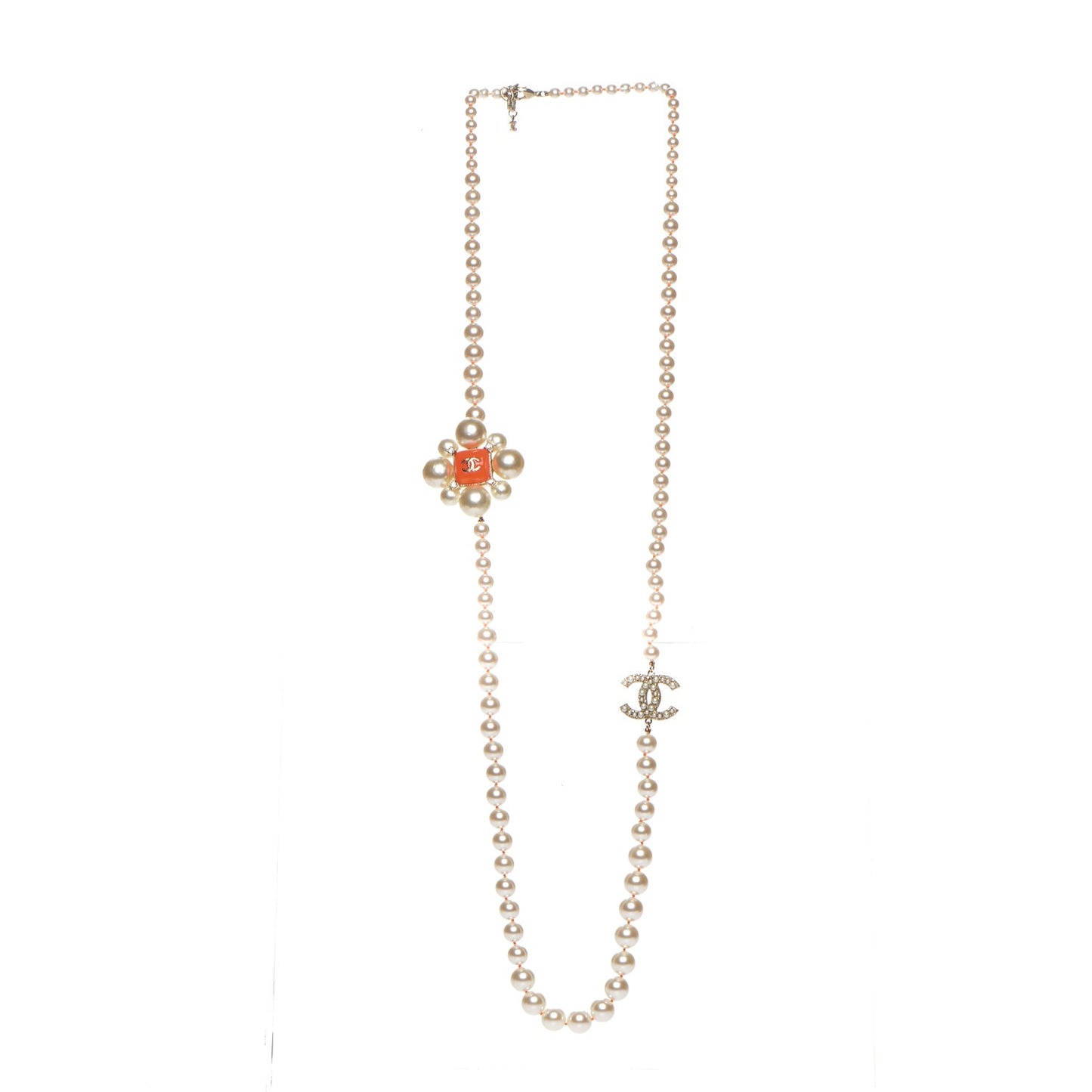 Pearl Crystal Gripoix CC Long Necklace Gold Pearly White Orange