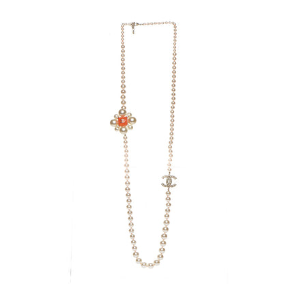 Chanel Pearl Crystal Gripoix CC Long Necklace Gold Pearly White Orange 4 of 5
