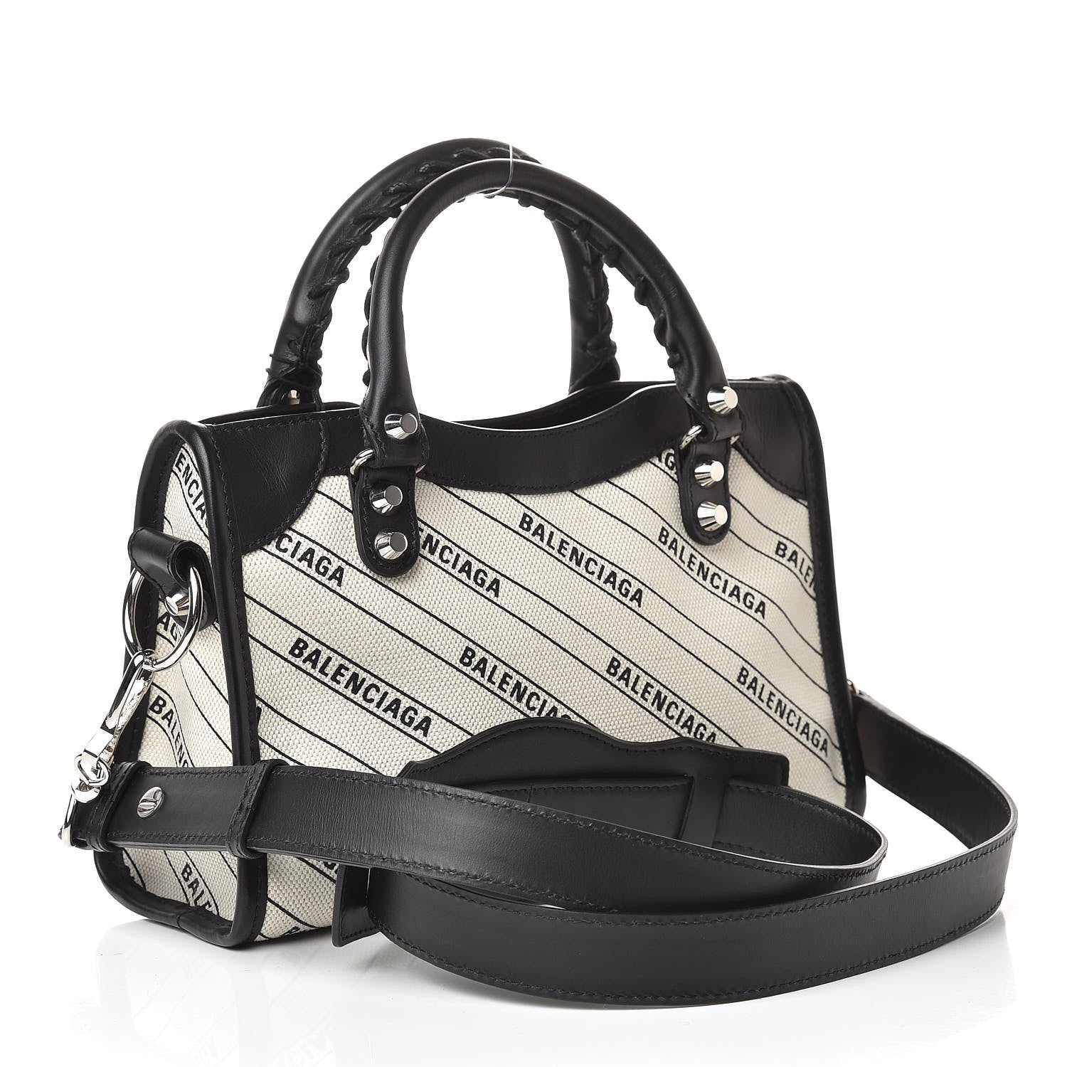 Balenciaga Canvas Satin Calfskin Diagonal Allover Logo Print Classic Silver Hardware Mini City Natural Black 3 of 10