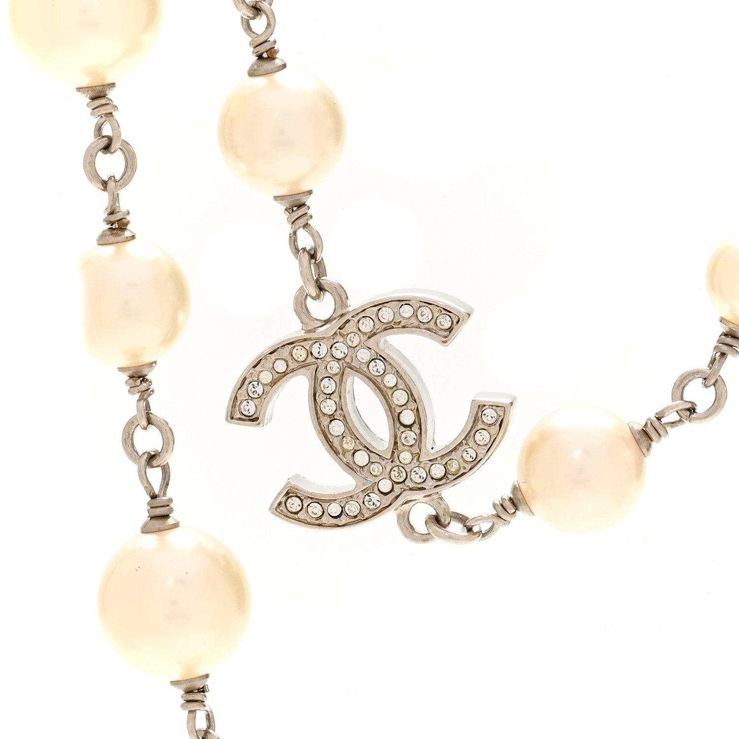 Chanel Crystal Pearl CC Long Necklace Silver 4 of 6