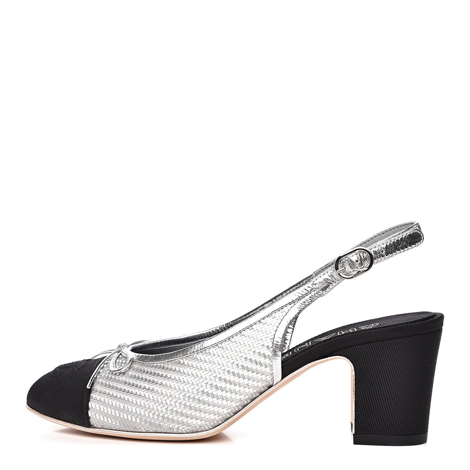 Chanel Woven Plastic Grosgrain Cap Toe CC Slingback Pumps 38 Black Silver 1 of 10