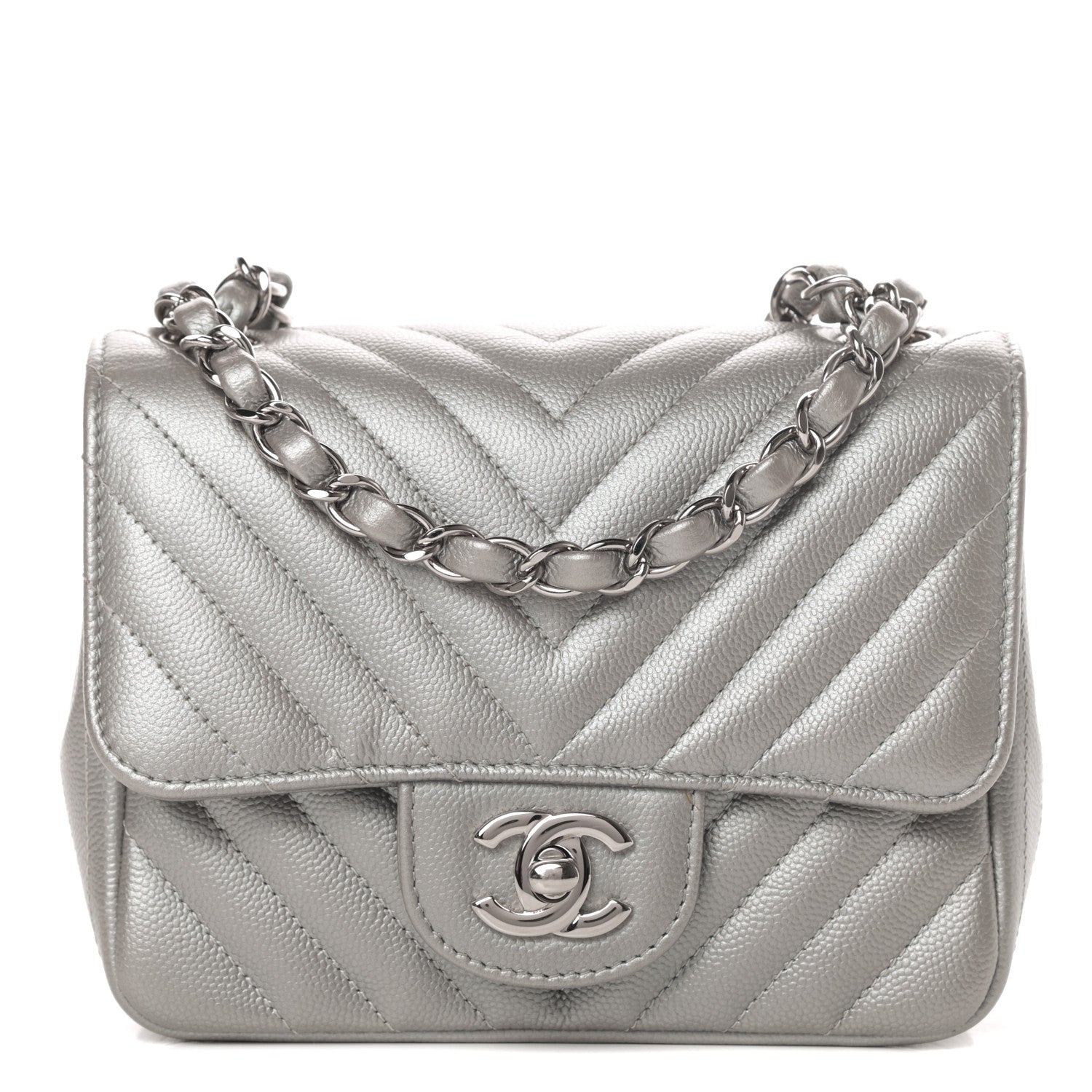 Chanel Metallic Caviar Chevron Quilted Mini Square Flap Silver 1 of 10