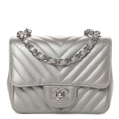 Chanel Metallic Caviar Chevron Quilted Mini Square Flap Silver 1 of 10