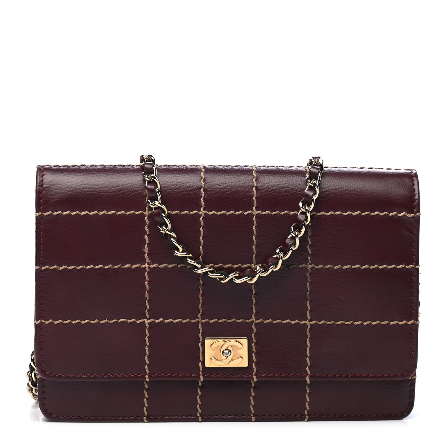 Calfskin Stitched Square Quilted Wallet On Chain WOC Burgundy