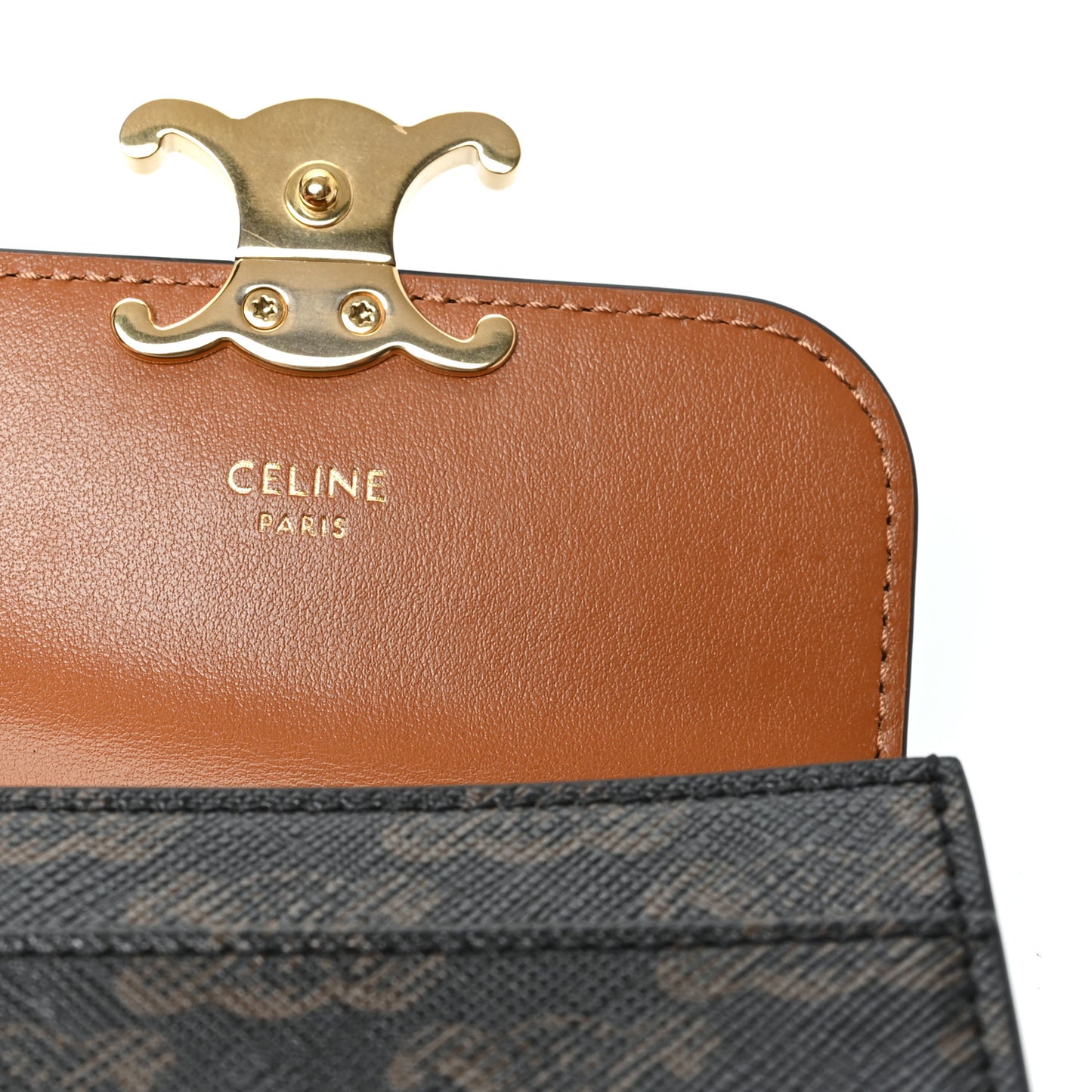 Triomphe Canvas Calfskin Flap Card Holder Tan