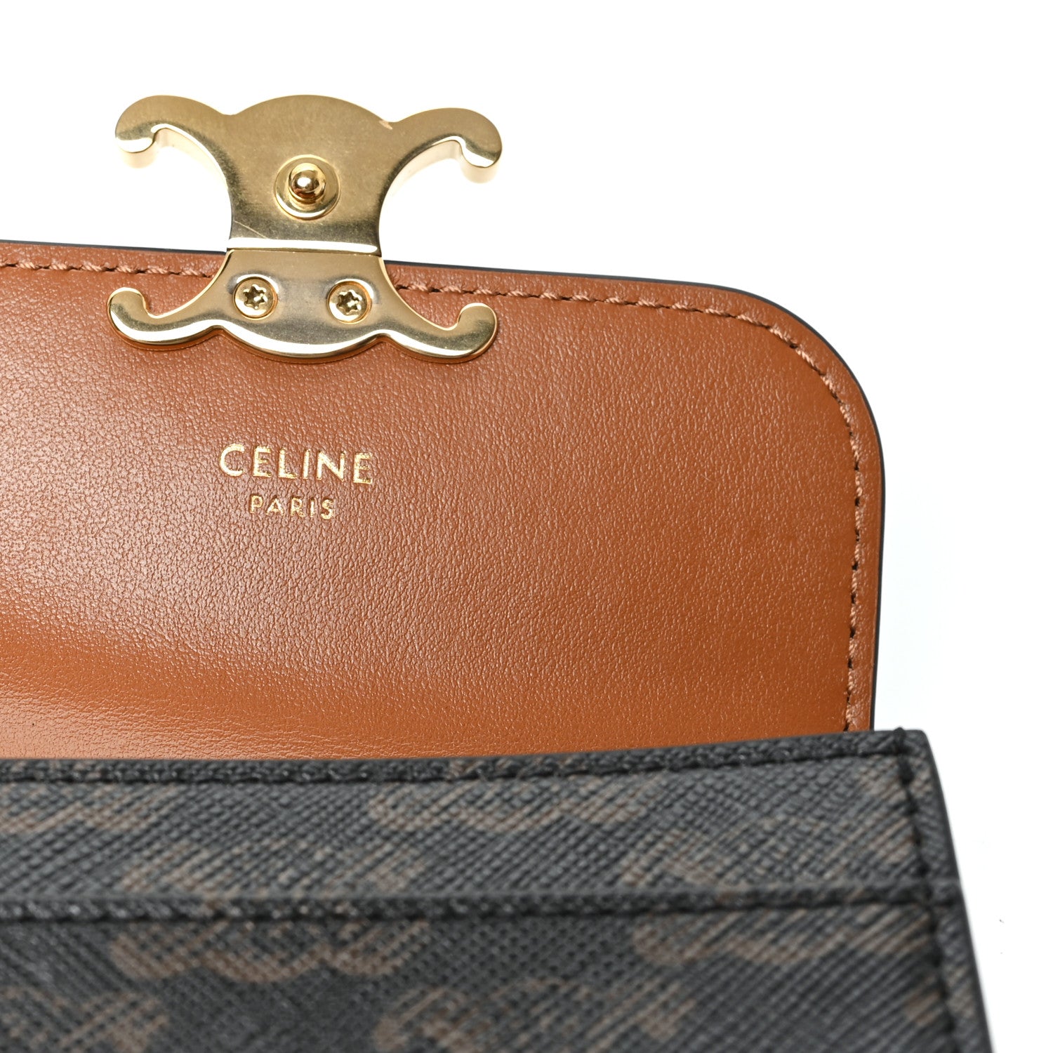 Celine Triomphe Canvas Calfskin Flap Card Holder Tan 6 of 8