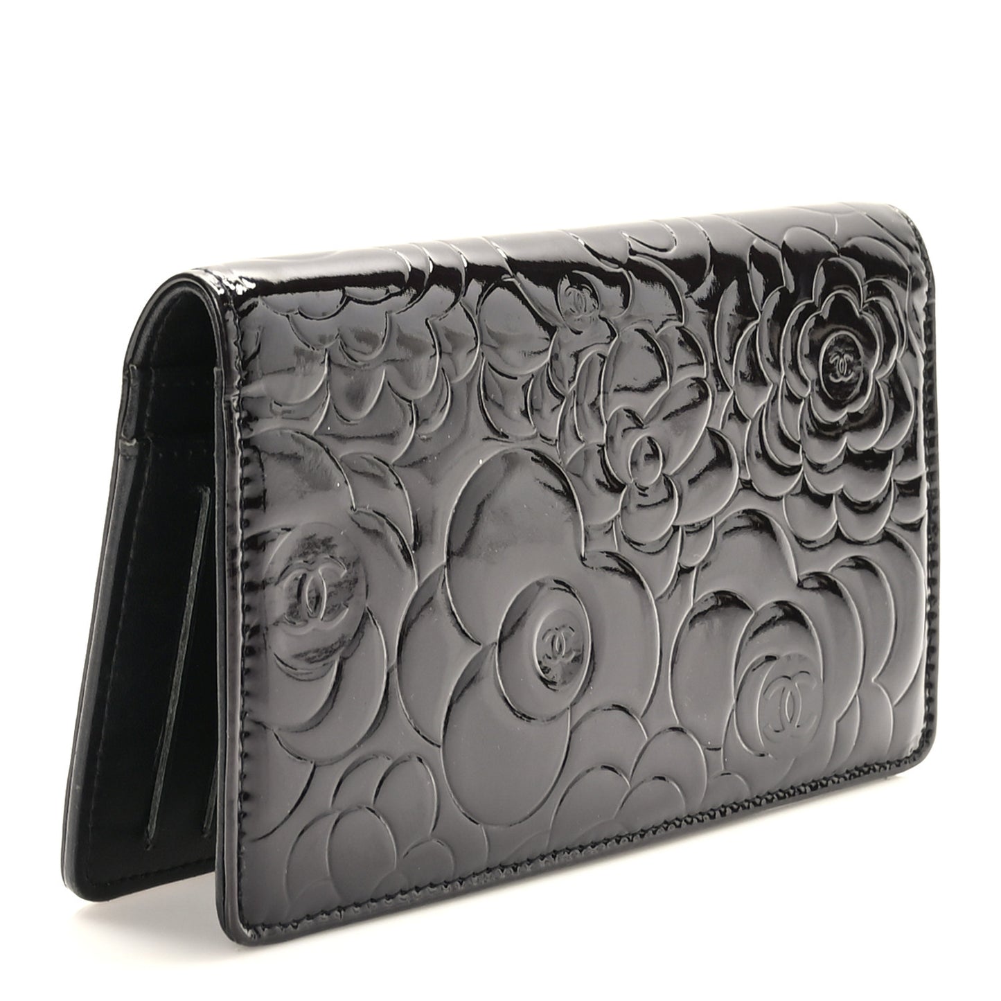 Patent Camellia Embossed Yen Wallet Black