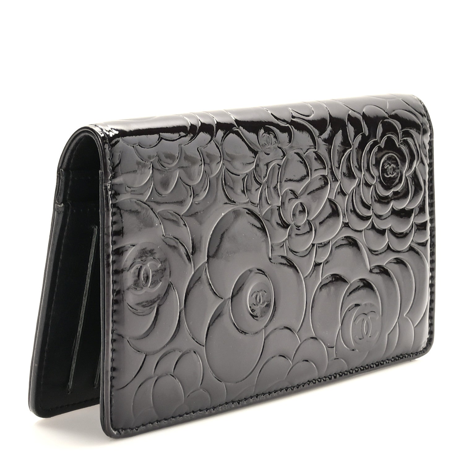 Chanel Patent Camellia Embossed Yen Wallet Black 3 of 10