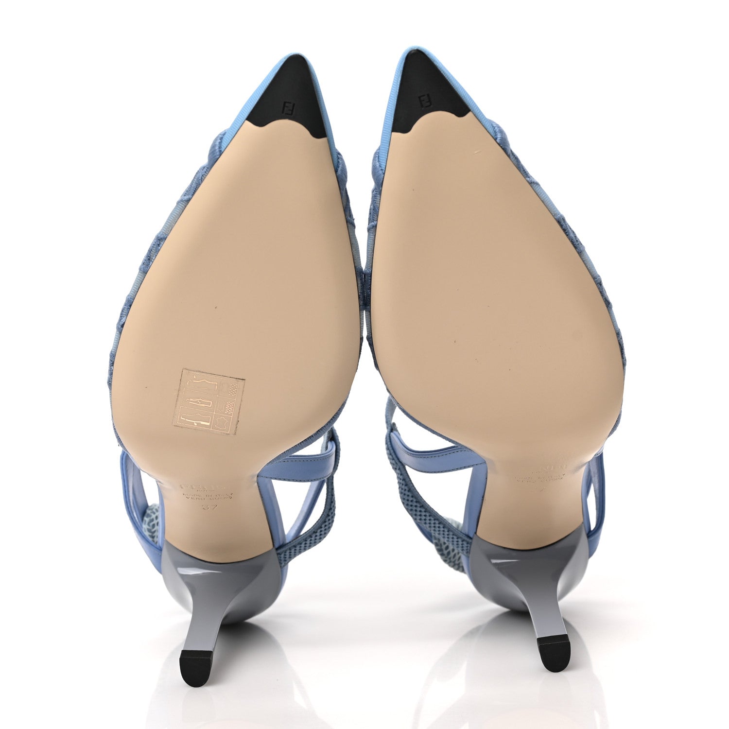 Fendi Mesh Vitello Ajour Embroidered Colibri Lite 85mm Slingback Pumps 37 Celeste Sky Pale Blue 5 of 8