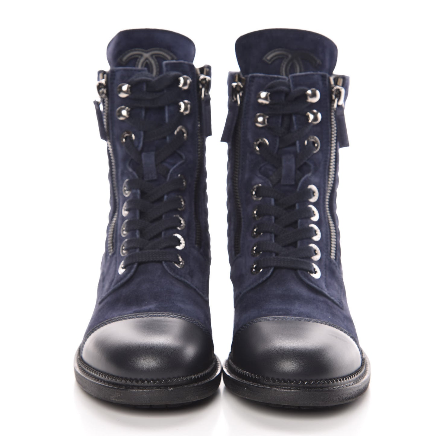 Suede Calfskin Quilted Lace Up Boots 37.5 Navy