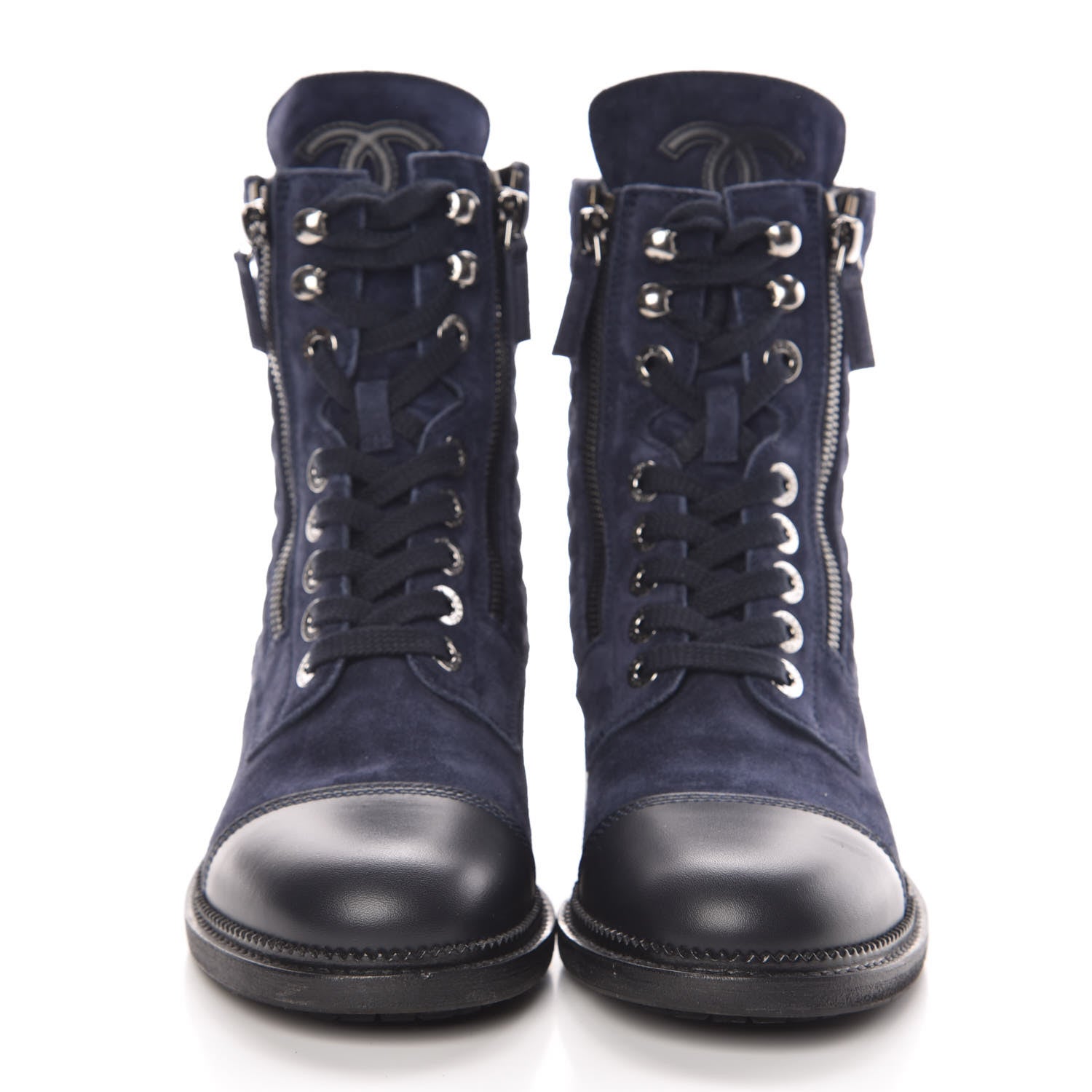 Chanel Suede Calfskin Quilted Lace Up Boots 37.5 Navy 3 of 9