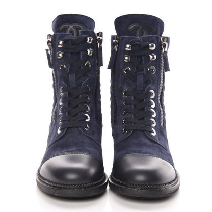 Chanel Suede Calfskin Quilted Lace Up Boots 37.5 Navy 3 of 9
