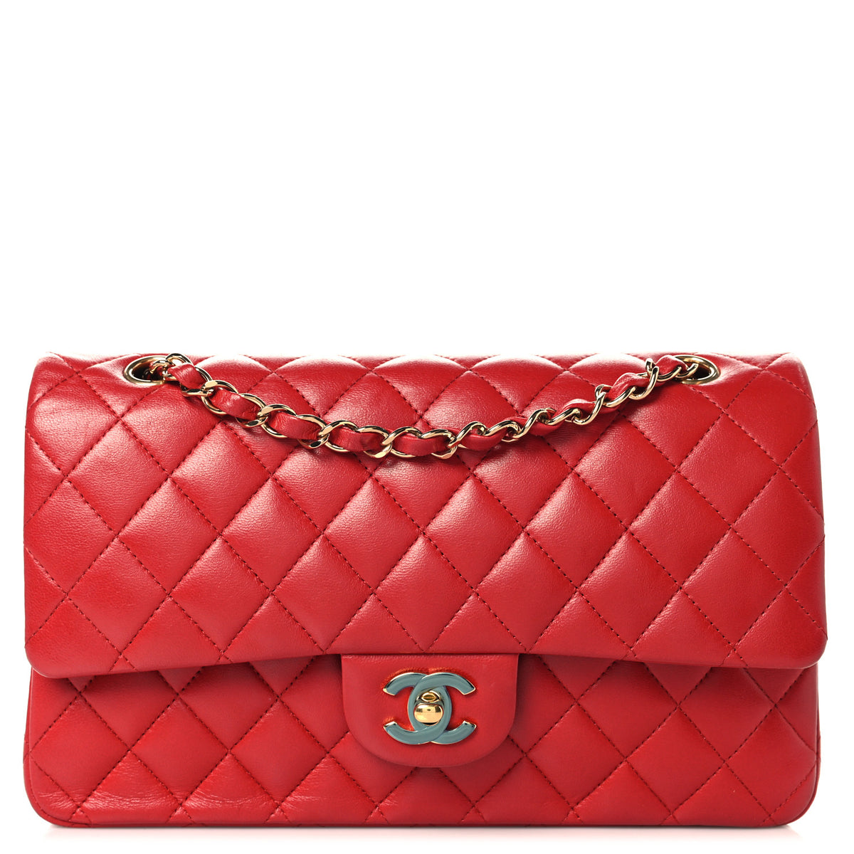 Lambskin Quilted Medium Double Flap Red