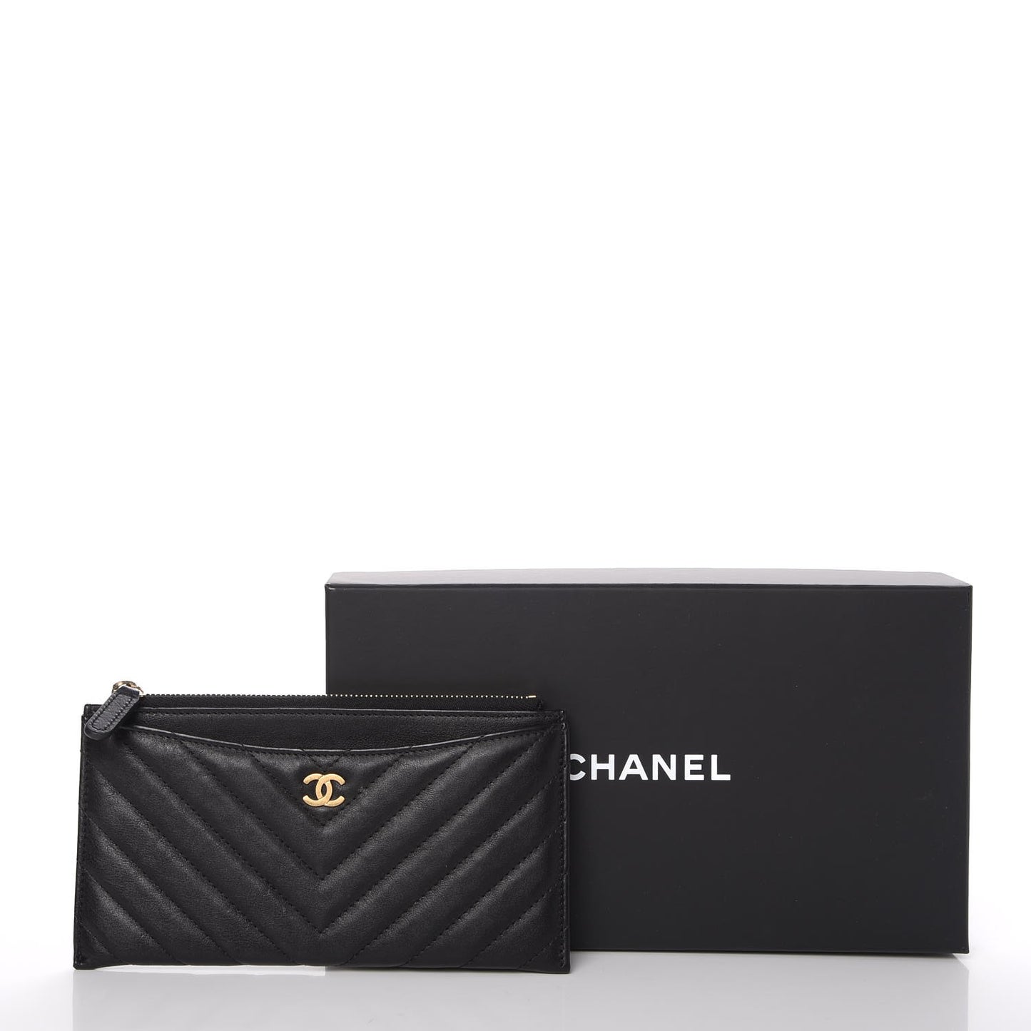 Calfskin Chevron Quilted Classic Zip Pouch Black