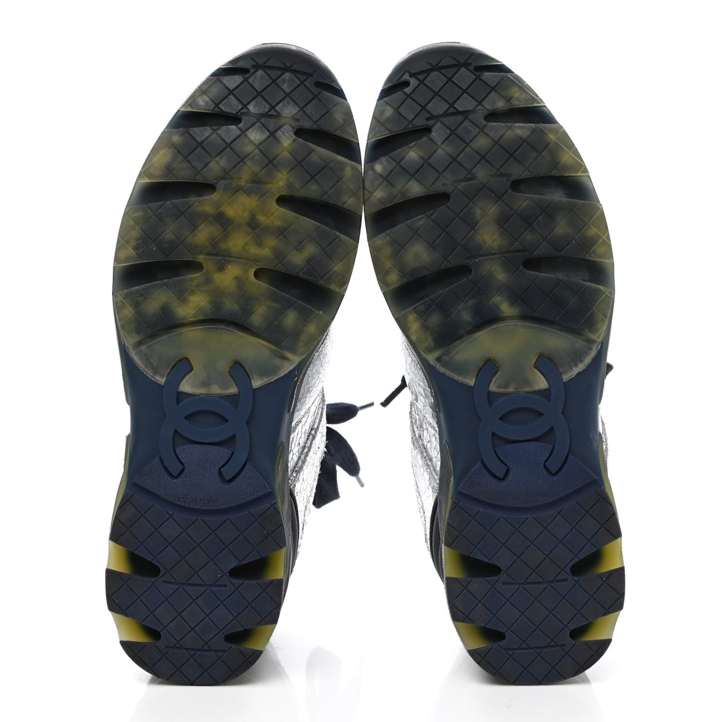 Metallic Crackled Calfskin CC Sneakers 37 Silver Black Navy