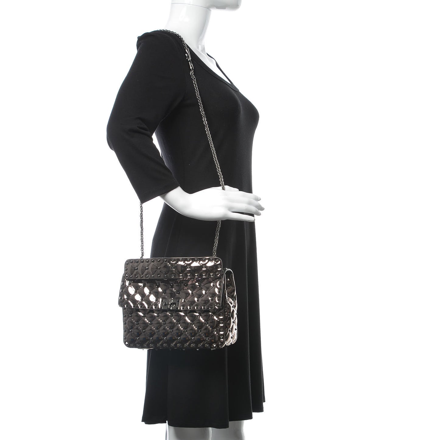 Metallic Patent Medium Rockstud Spike Shoulder Bag Rutenio