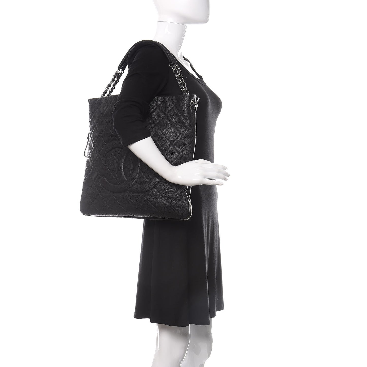 Caviar Quilted Expandable Zip Shoulder Bag Black