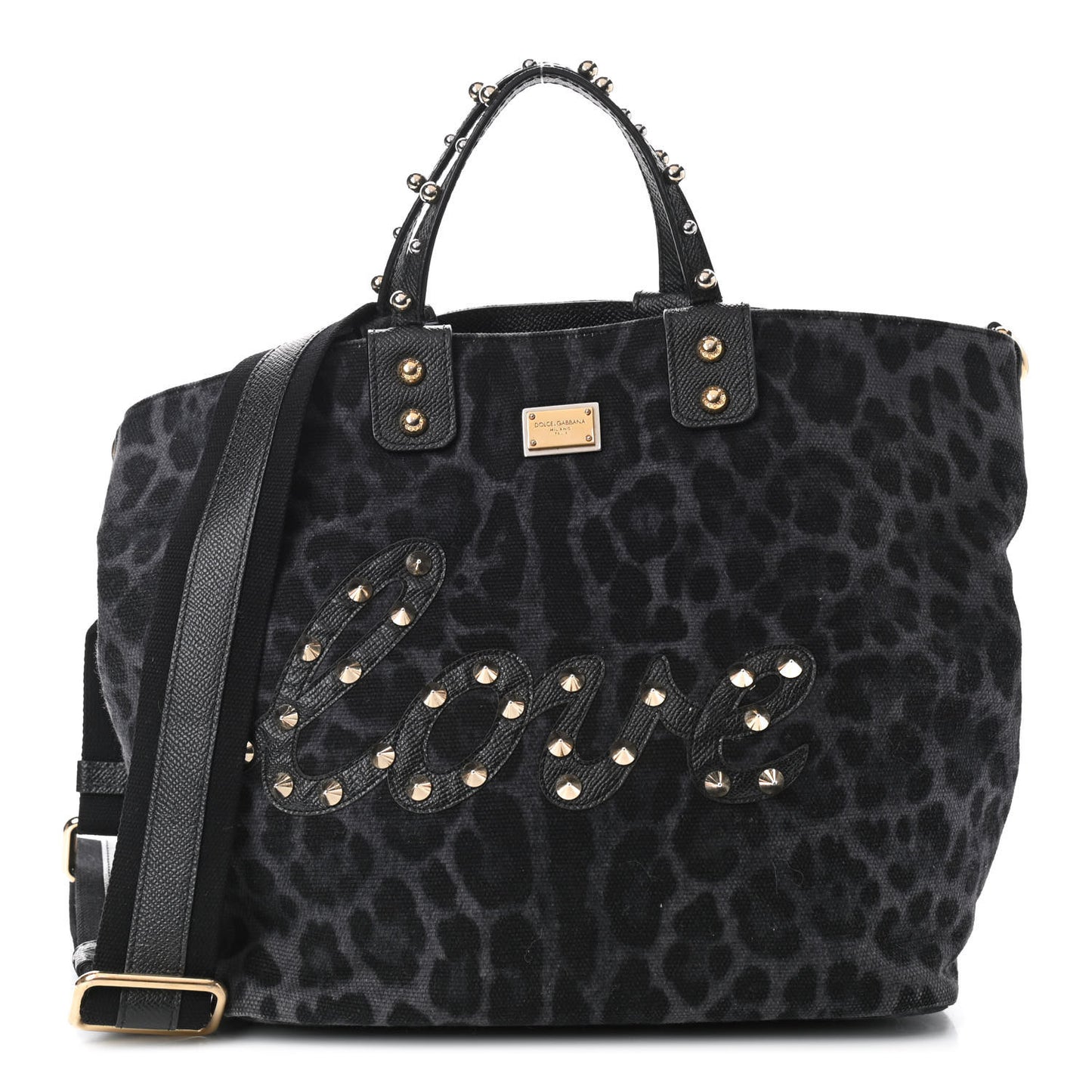 Canvas Dauphine Leopard Print Studded Beatrice Love Tote Black