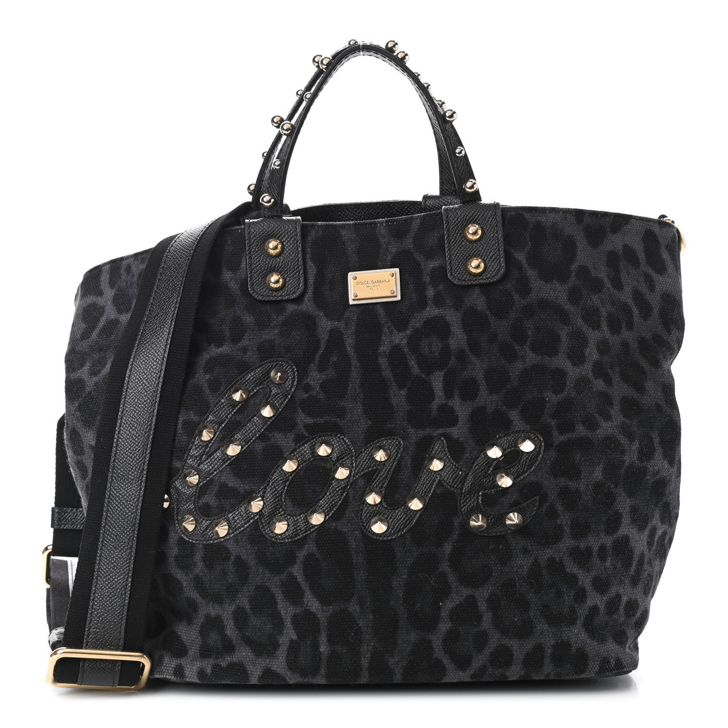 Dolce & Gabbana Canvas Dauphine Leopard Print Studded Beatrice Love Tote Black 1 of 7