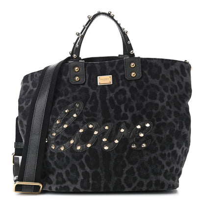 Dolce & Gabbana Canvas Dauphine Leopard Print Studded Beatrice Love Tote Black 1 of 7