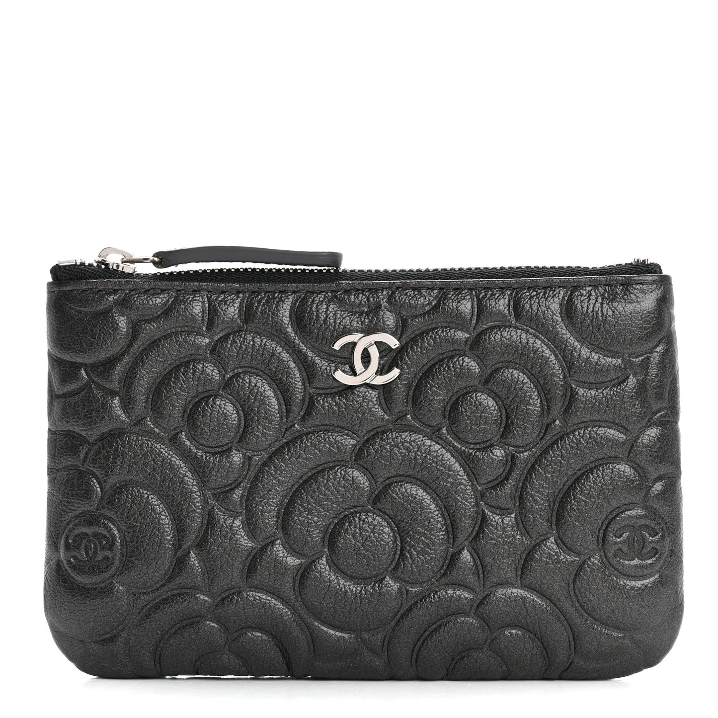 Goatskin Camellia Embossed Cosmetic Pouch Anthracite
