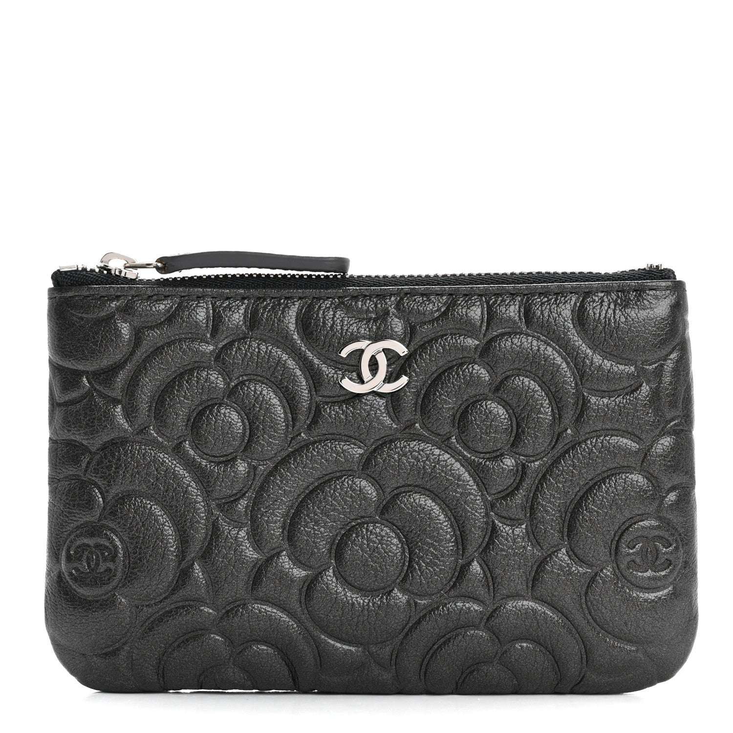 Chanel Goatskin Camellia Embossed Cosmetic Pouch Anthracite 1 of 12