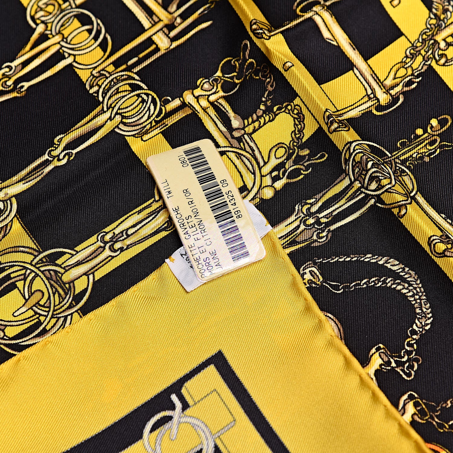 Hermes Silk Mors Et Filets Pocket Square Jaune Citron Black Or 3 of 4