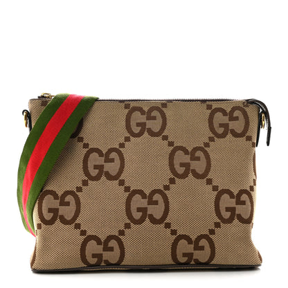 Gucci Monogram Jumbo GG Textured Dollar Calfskin Web Wristlet Messenger Bag Camel Ebony New Acero 1 of 10
