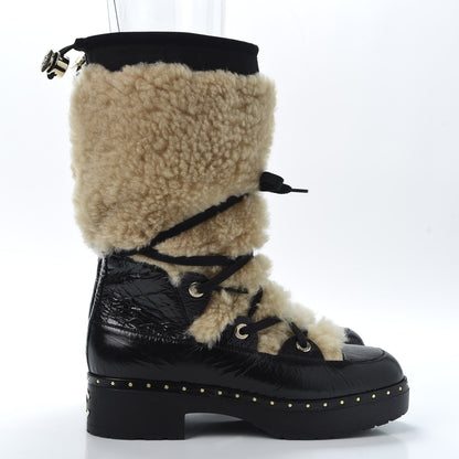 Chanel Patent Shearling Lace Up Boot 39 Black 4 of 9