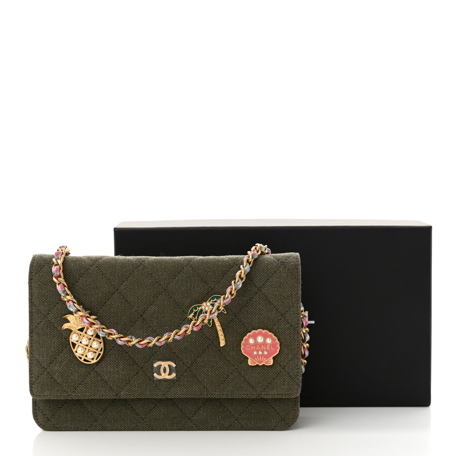 Chanel Canvas Quilted Coco Cuba Charms Wallet on Chain WOC Khaki 11 of 11