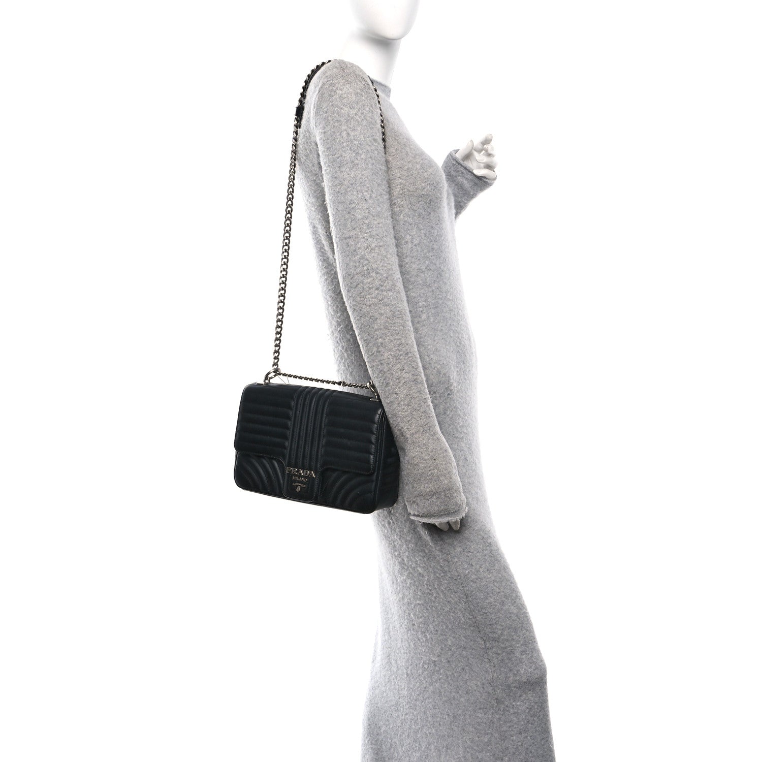 Prada Soft Calfskin Impunture Diagramme Large Chain Flap Shoulder Bag Black 2 of 10