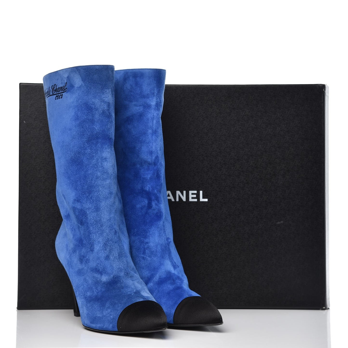 Suede Calfskin Satin Gabrielle Cap Toe Short Boots 40.5 Royal Blue Black