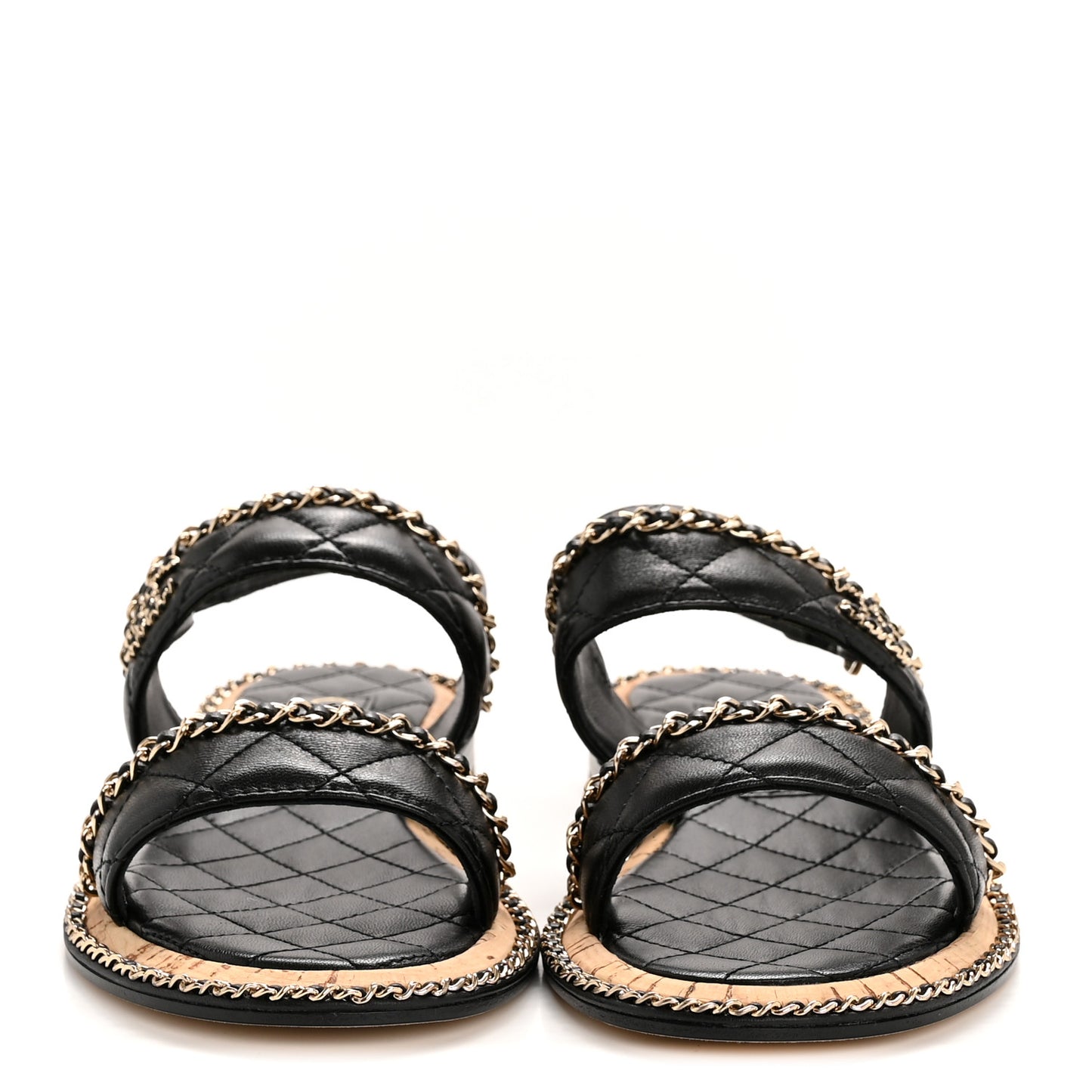 Shiny Lambskin Quilted Chain CC Sandals 36.5 Black