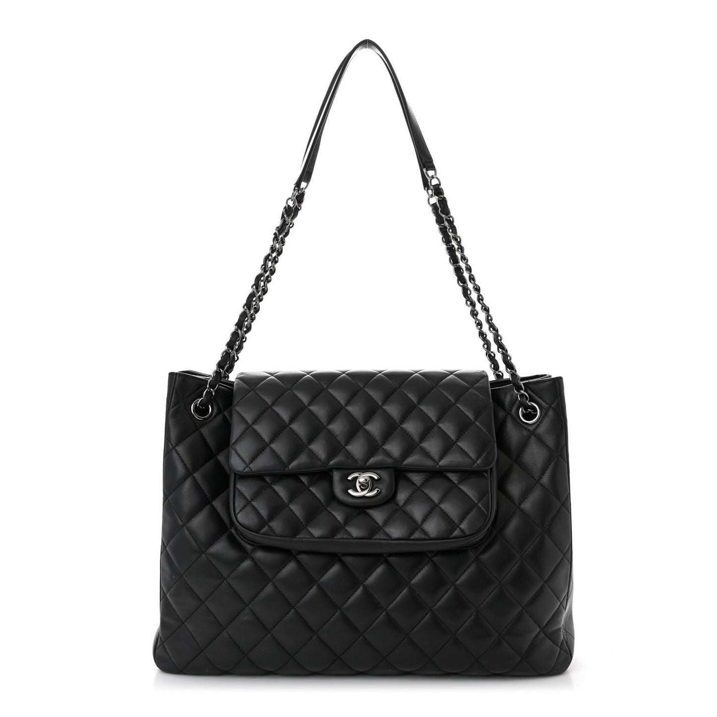 Lambskin Quilted Front Flap Tote Black