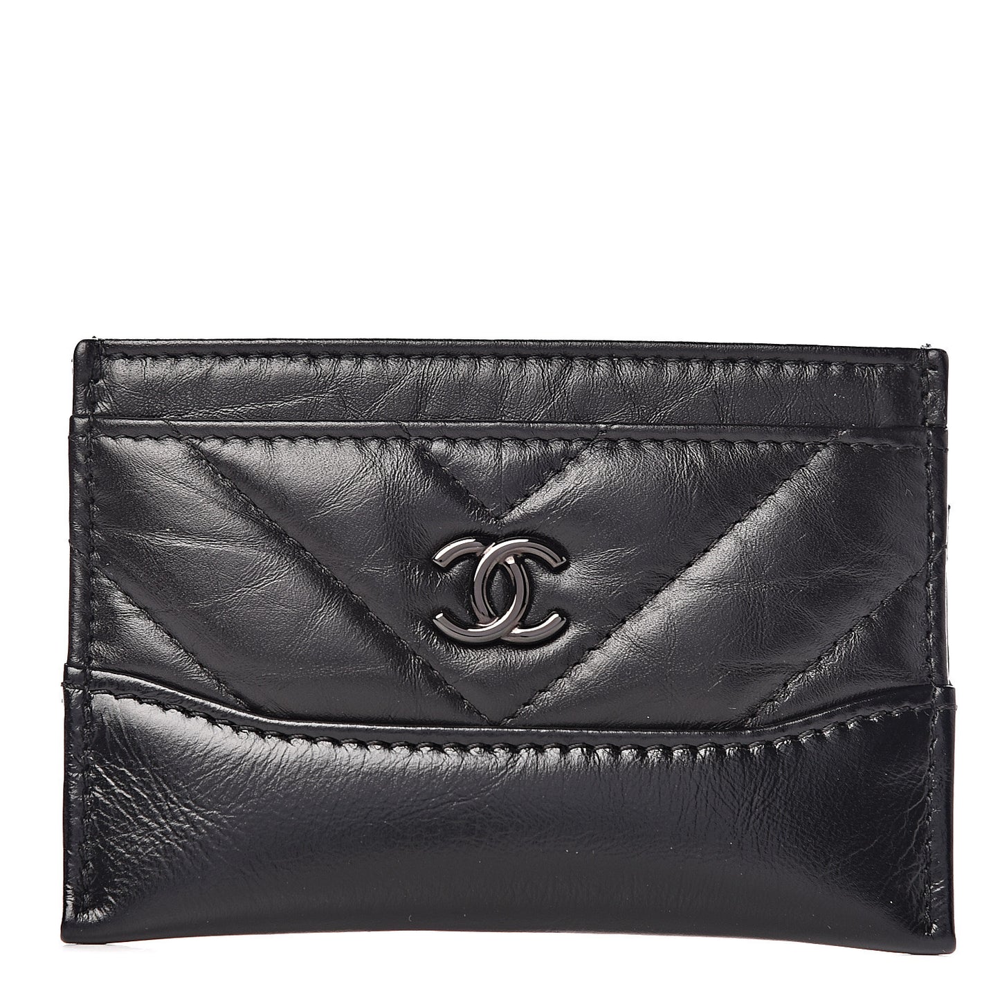 Aged Calfskin Chevron Quilted Gabrielle Card Holder Black