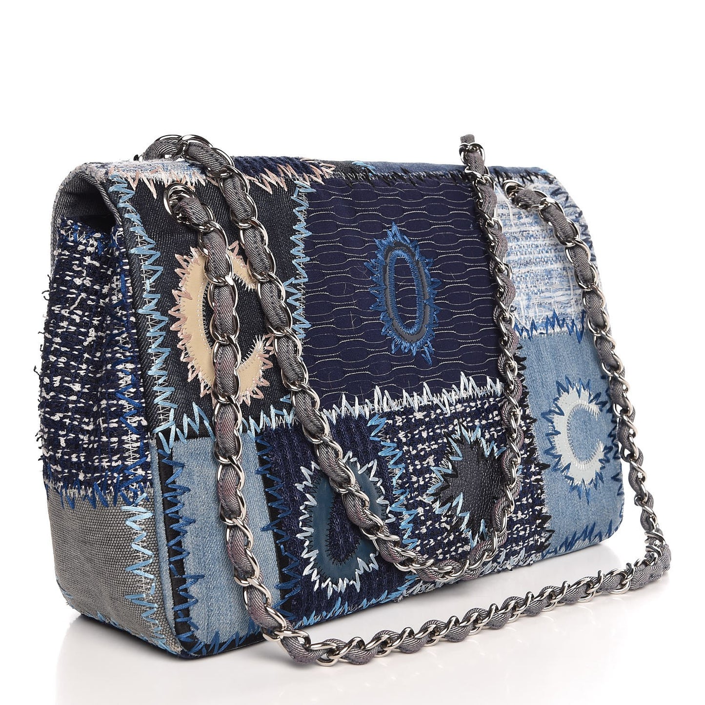 Denim Tweed Patchwork Jumbo Single Flap Blue