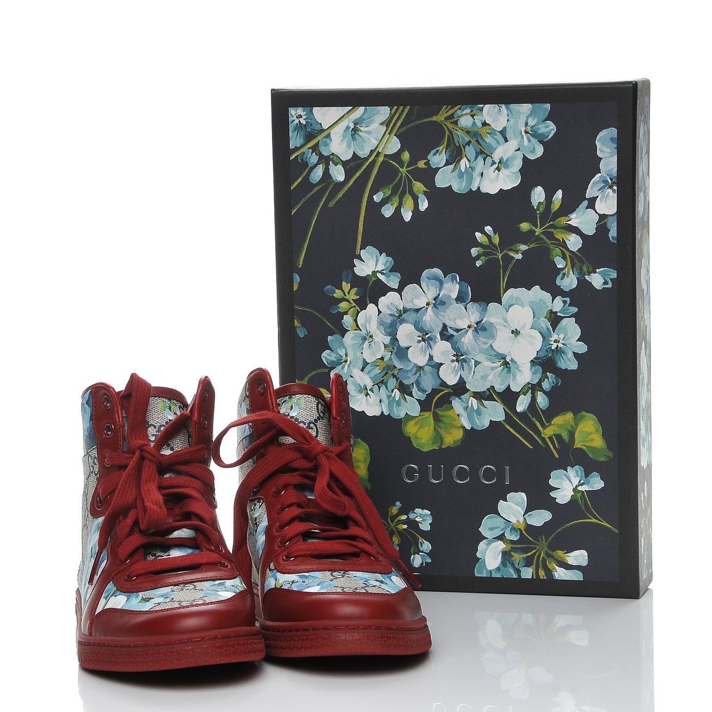 GG Supreme Monogram Blooms Womens High Top Sneakers 38 Beige Blue Navy Red