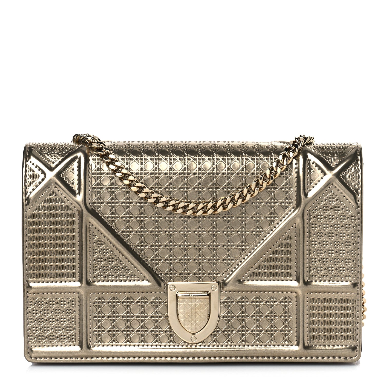 Christian Dior Metallic Patent Micro-Cannage Diorama Wallet on Chain Pouch Gold 1 of 9