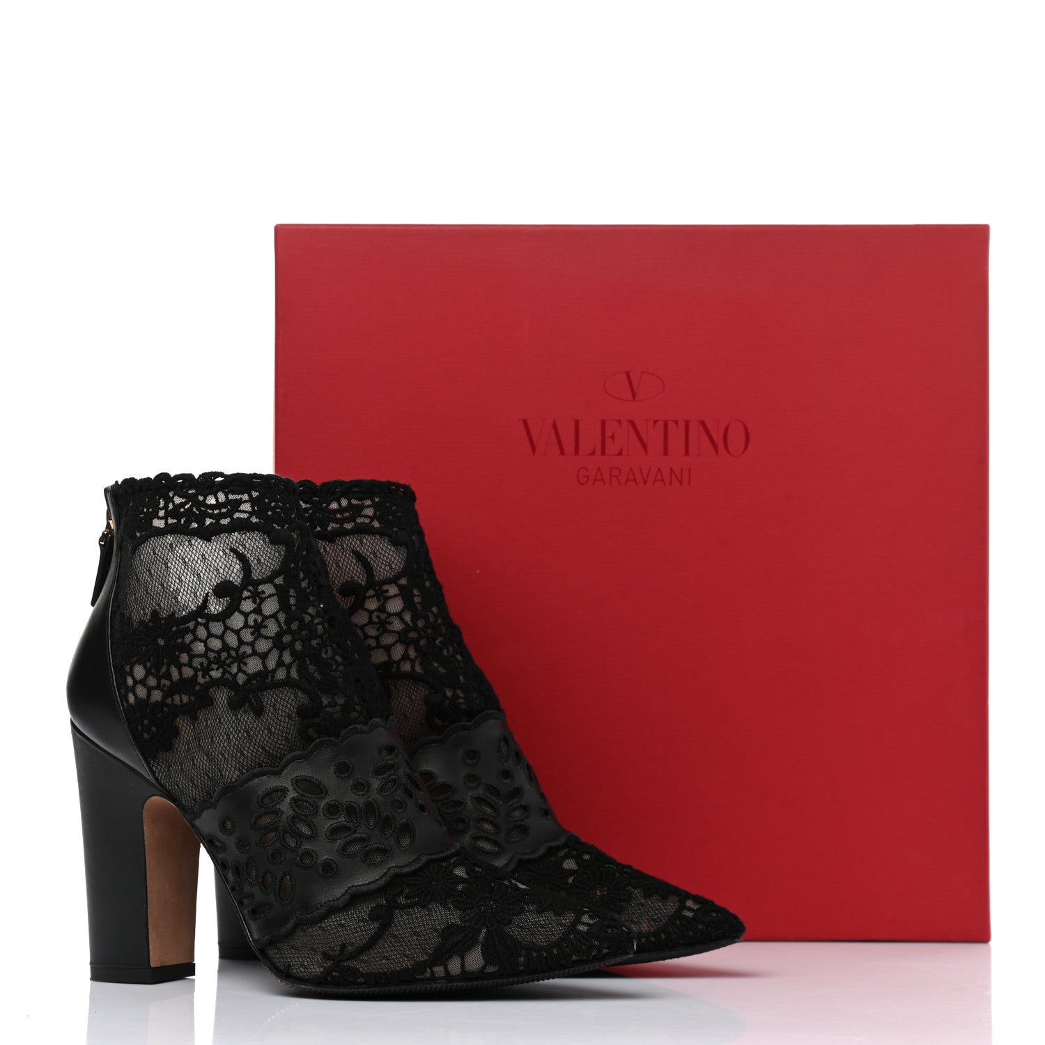 Valentino Garavani Calfskin Lace Tulle Pointed Toe Ankle Boots 39.5 Black 9 of 9
