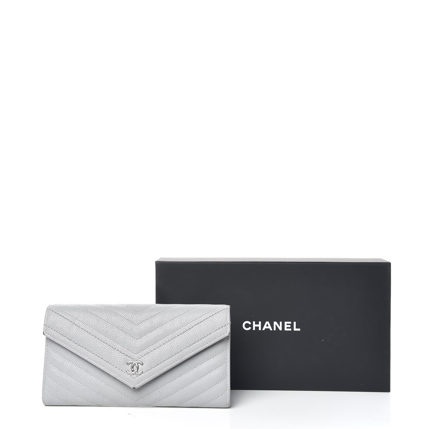 Chanel Caviar Chevron Quilted Large Gusset Flap Wallet Grey 17 of 17
